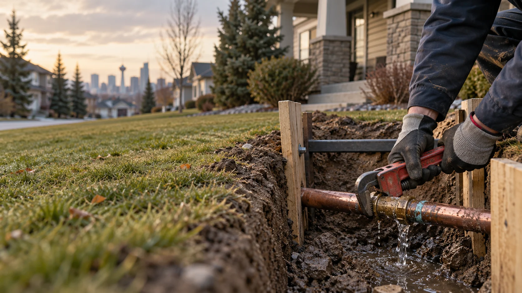 An exposed underground water line leak for Calgary emergency repair