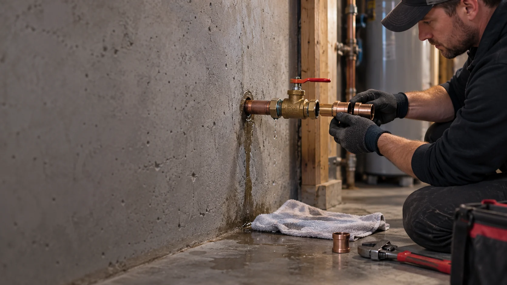 A main water service pipe connection being repaired for Calgary emergency plumbing