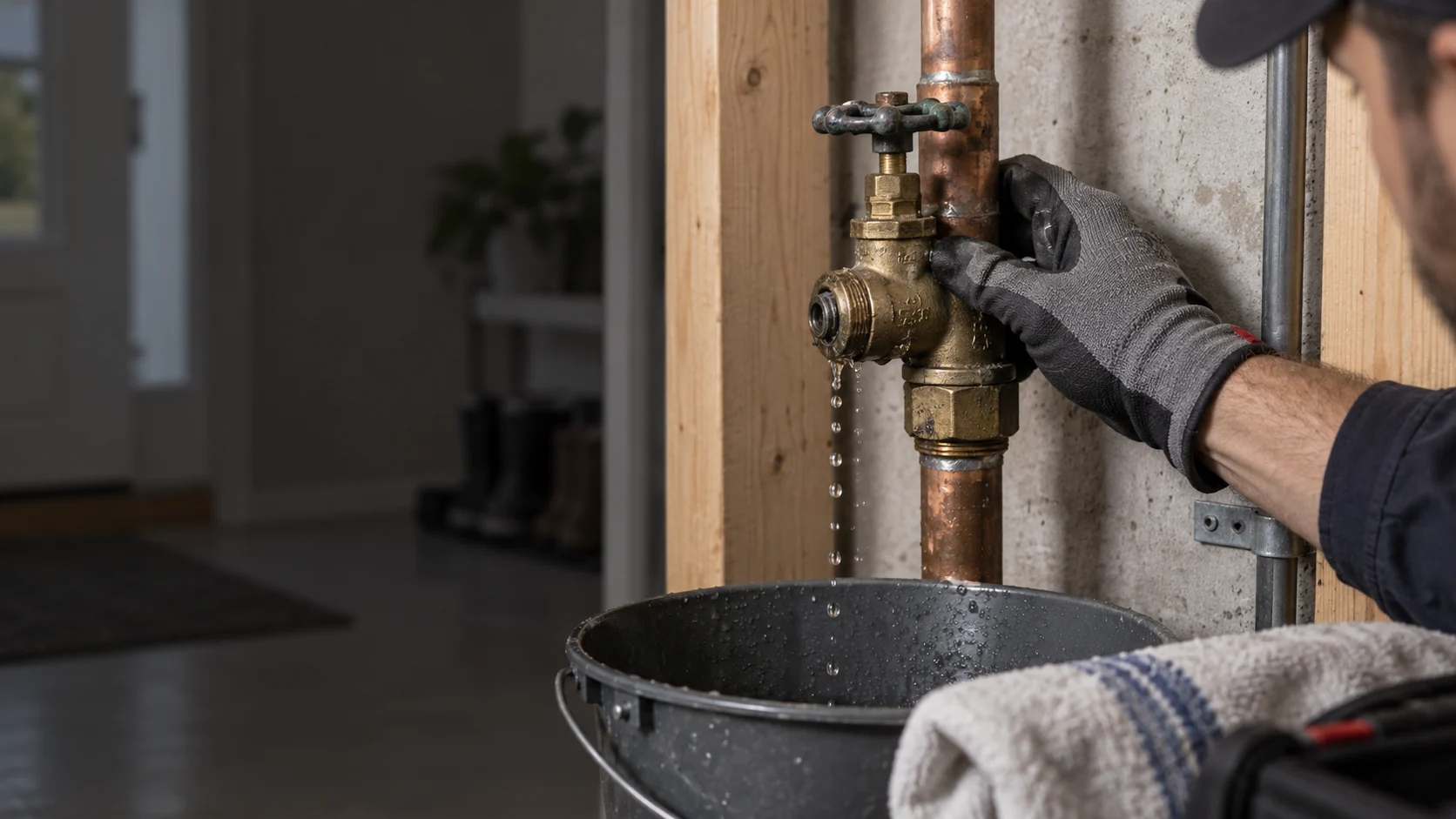 A dripping shutoff valve being inspected for Calgary emergency plumbing