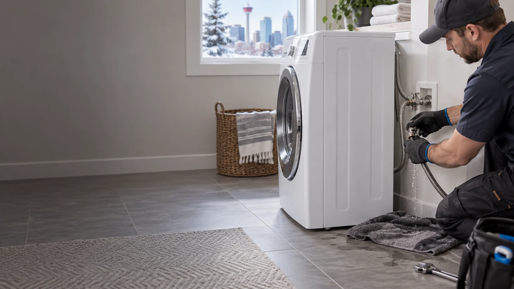 A washing machine supply hose leak for Calgary plumbing repair