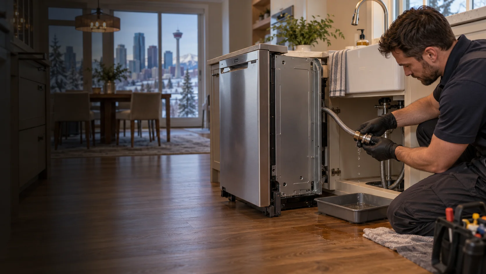 A dishwasher plumbing connection leak for Calgary emergency repair