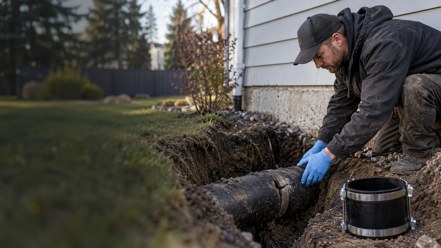 An exposed damaged sewer pipe joint for Calgary emergency sewer line repair