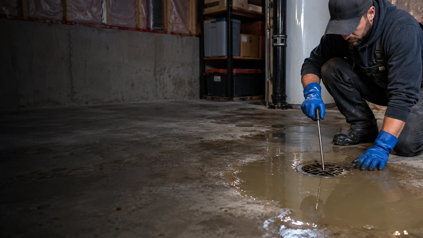A backed-up basement floor drain being assessed for Calgary plumbing repair