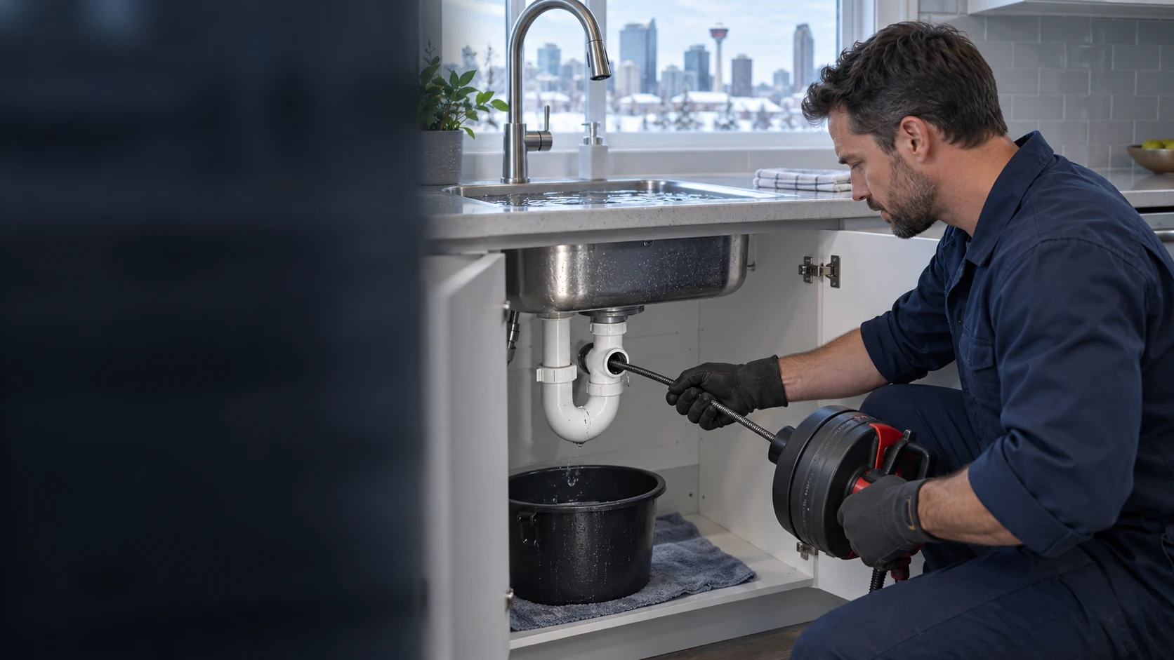A plumber using a drain auger at a kitchen sink trap, illustrating emergency drain cleaning in Calgary