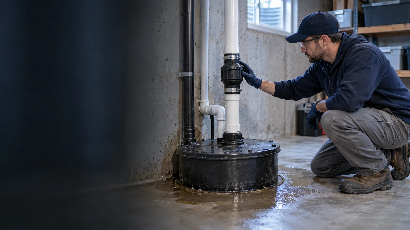 A plumber inspecting a sewage ejector basin discharge connection, illustrating sewage ejector pump repair in Calgary