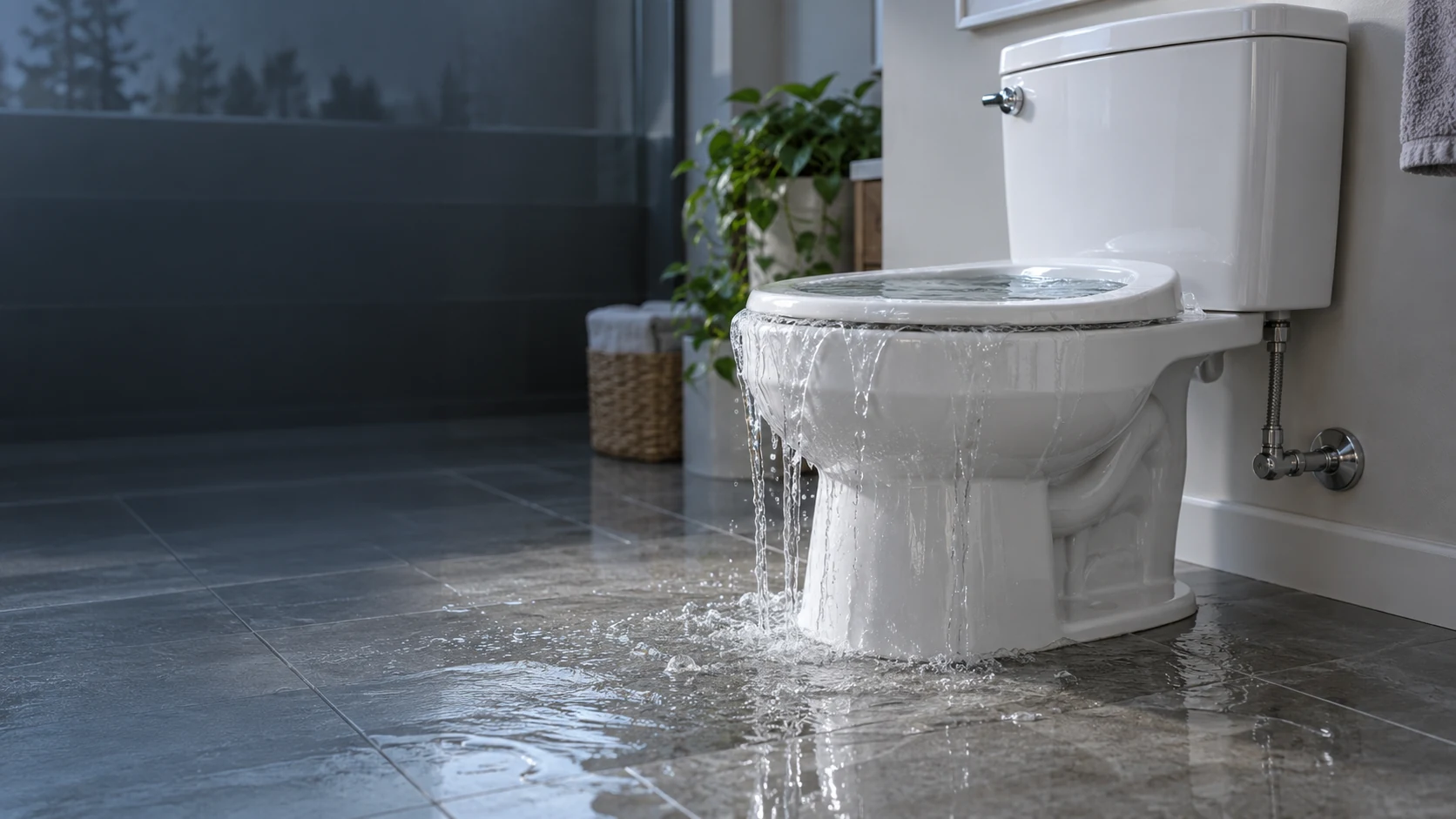 Water overflowing from a toilet bowl onto a bathroom floor, illustrating emergency toilet repair in Calgary