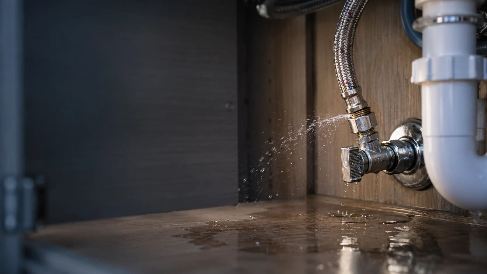 Water spraying from a braided supply-hose connection beneath a vanity, illustrating supply line leak repair in Calgary
