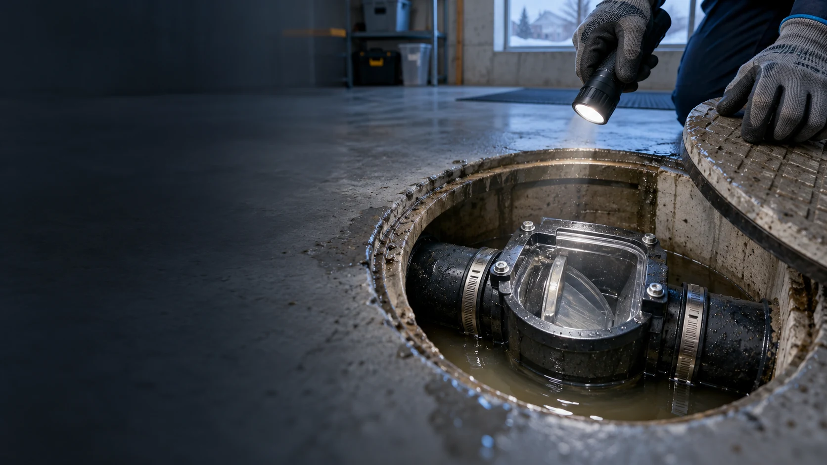 A backwater valve beneath an open basement floor access cover, illustrating backwater valve emergency repair in Calgary