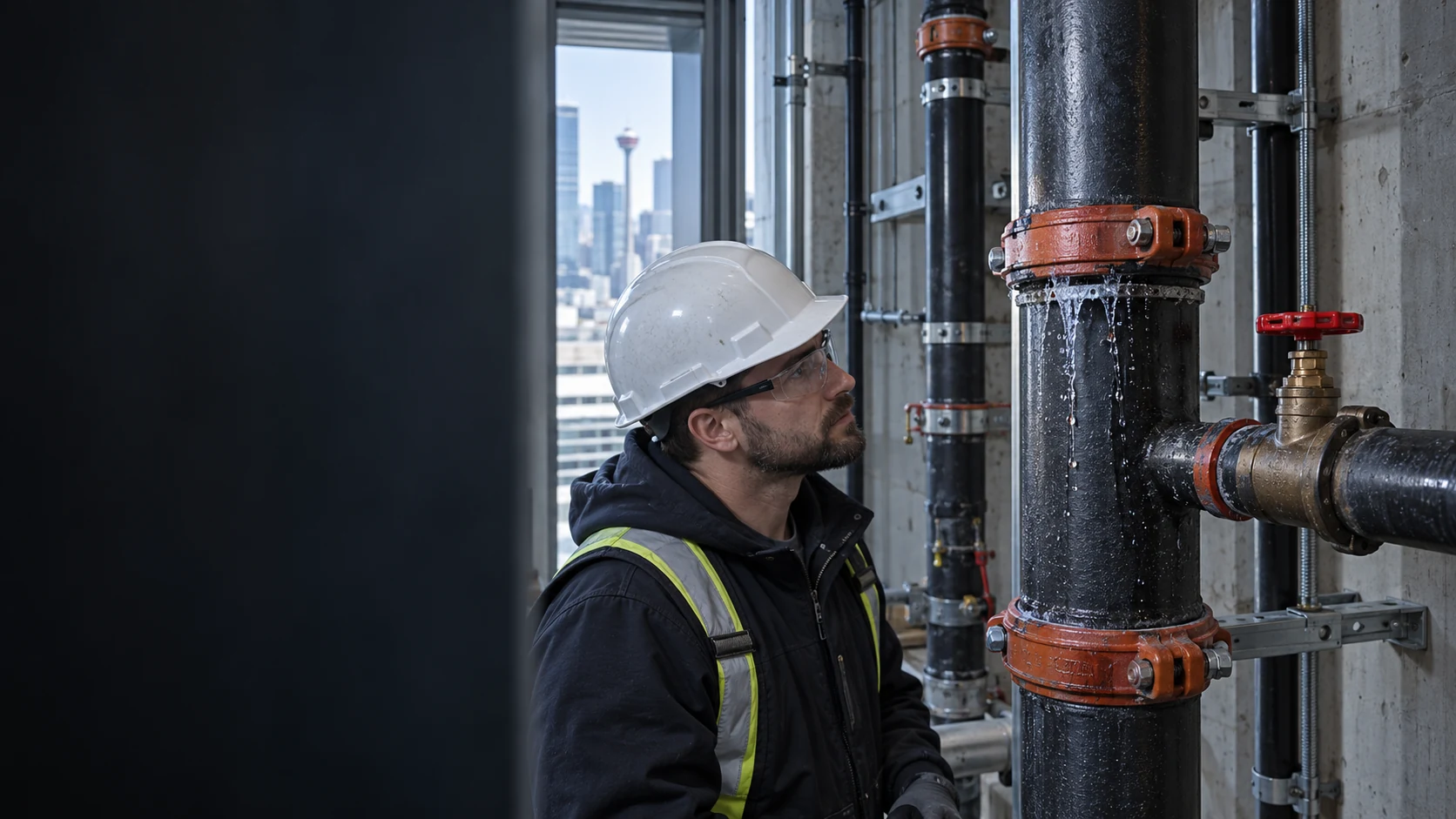 Water leaking at a vertical commercial riser-pipe coupling, illustrating riser pipe leak repair in Calgary