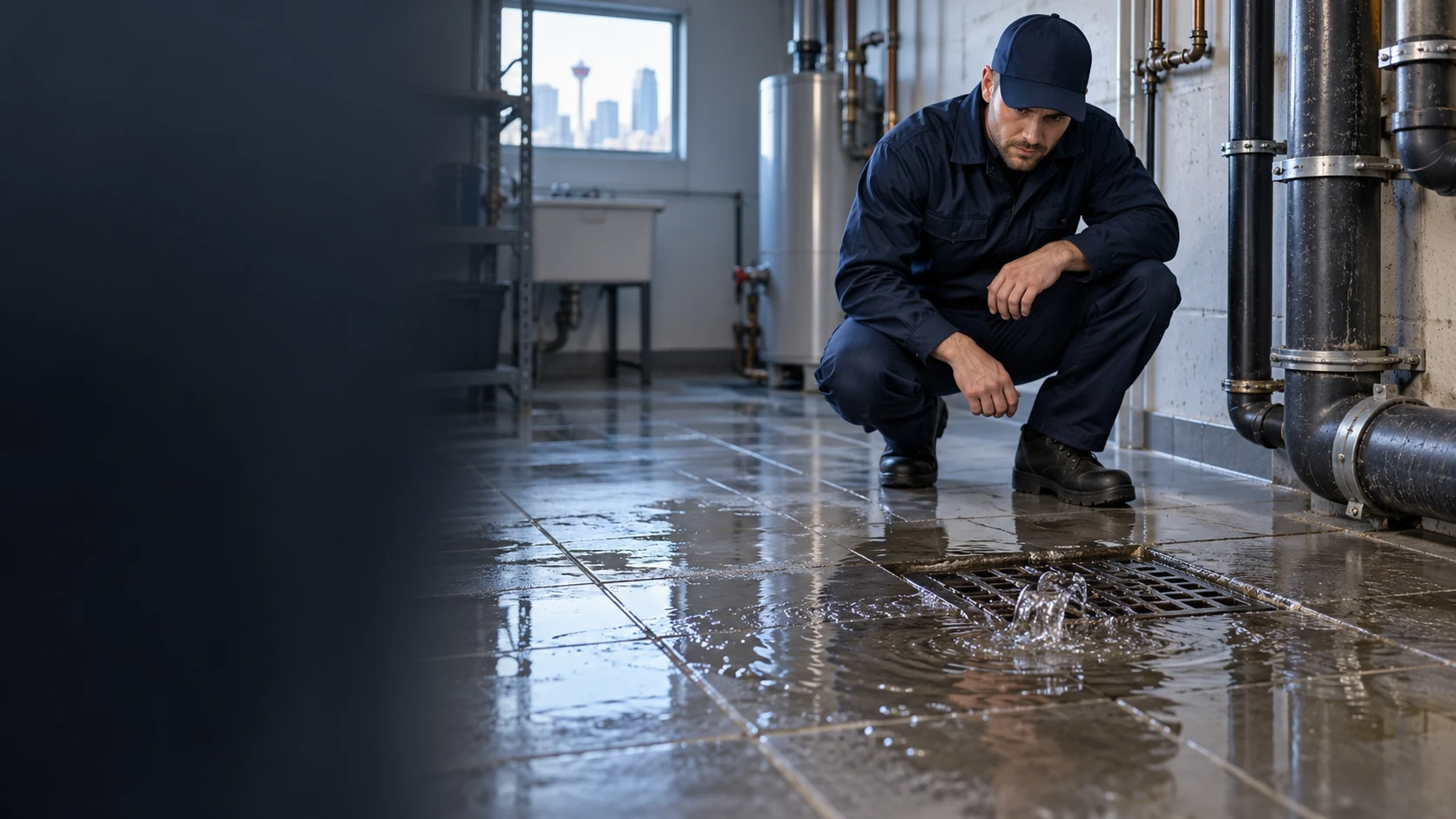 Wastewater backing up through a commercial utility-room floor drain, illustrating commercial drain sewer backup repair in Calgary