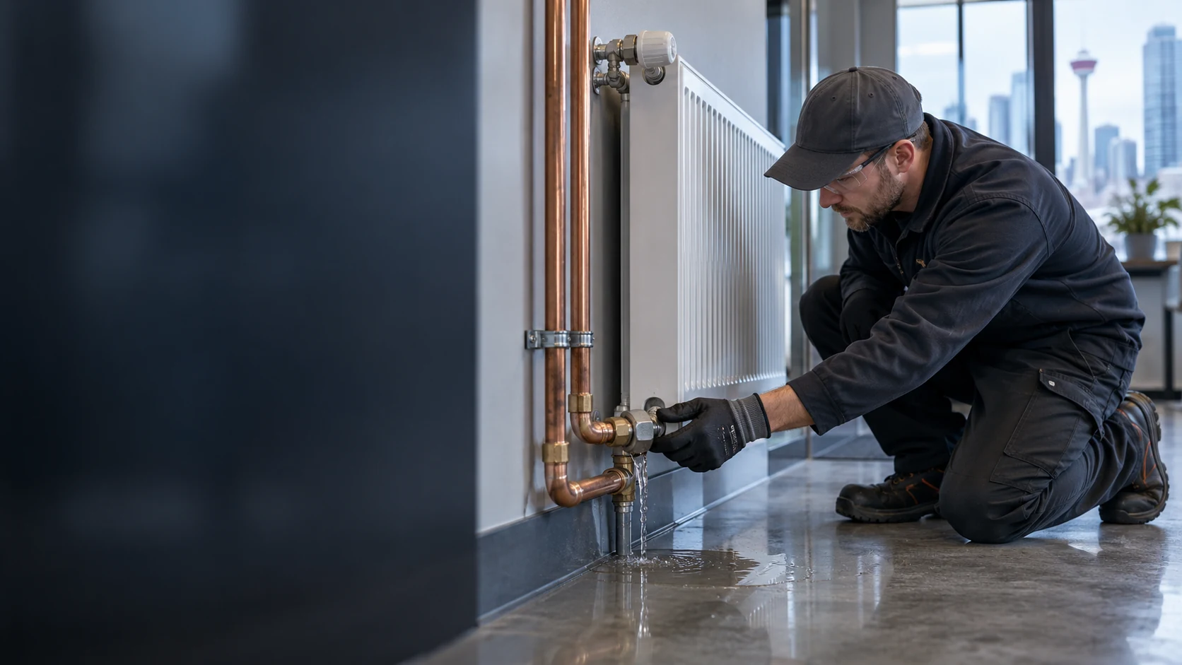 A leaking hydronic pipe union beside a wall radiator, illustrating hydronic pipe leak repair in Calgary