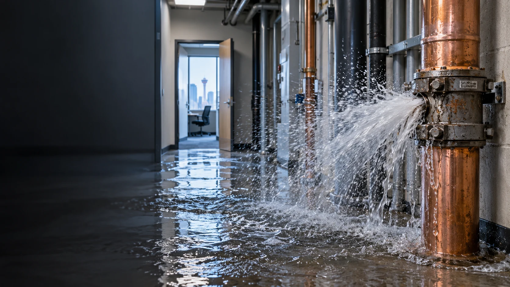 A burst commercial pipe flooding a utility corridor, illustrating commercial emergency plumbing in Calgary