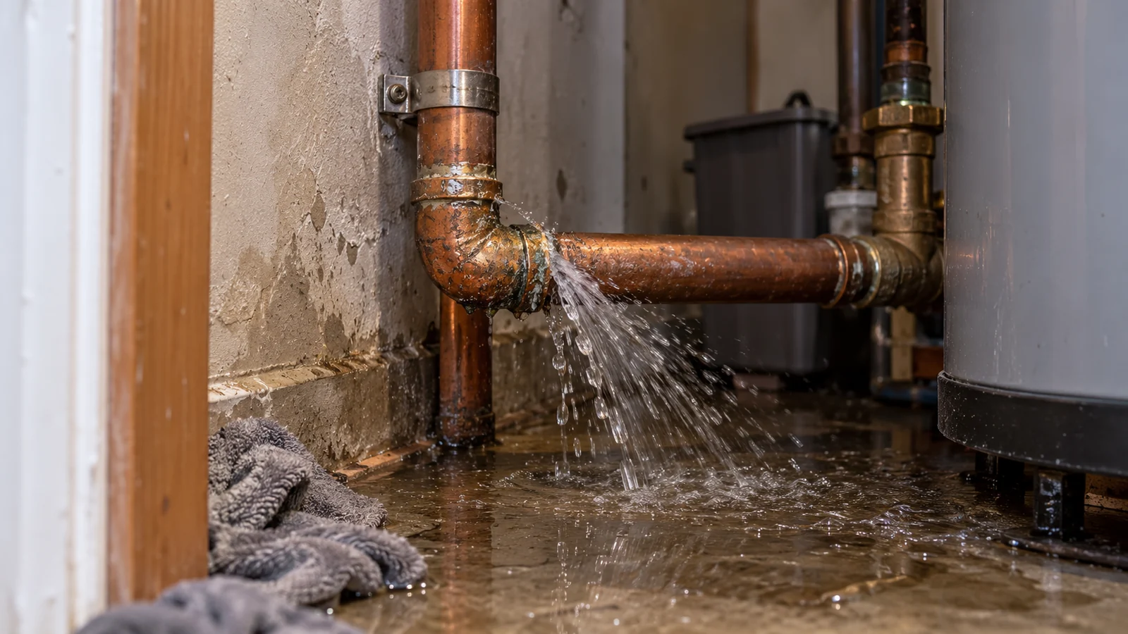 Water spraying from a copper pipe joint illustrating burst pipe repair in Calgary
