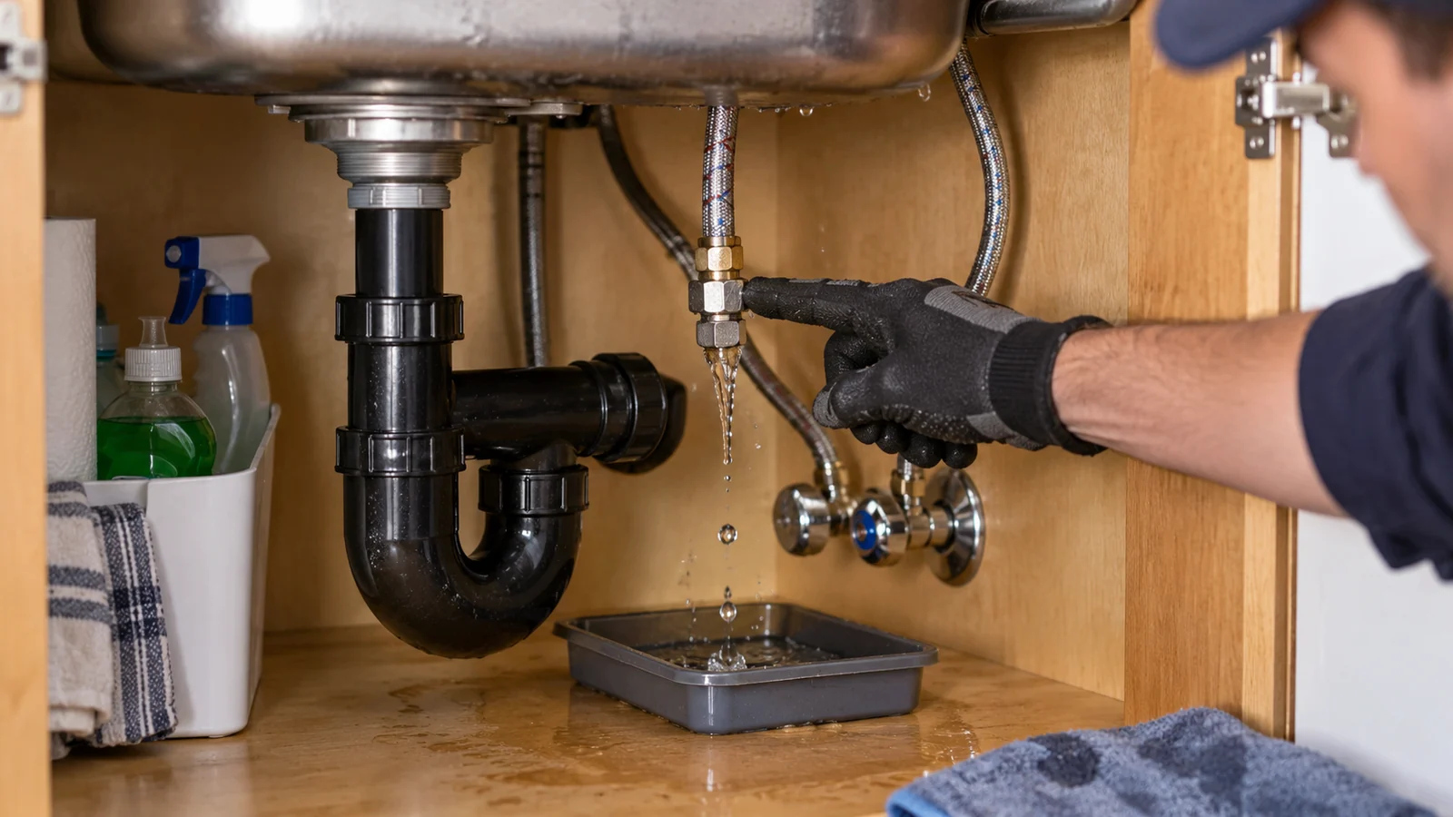 A leaking supply connector beneath a kitchen sink illustrating water leak repair in Calgary