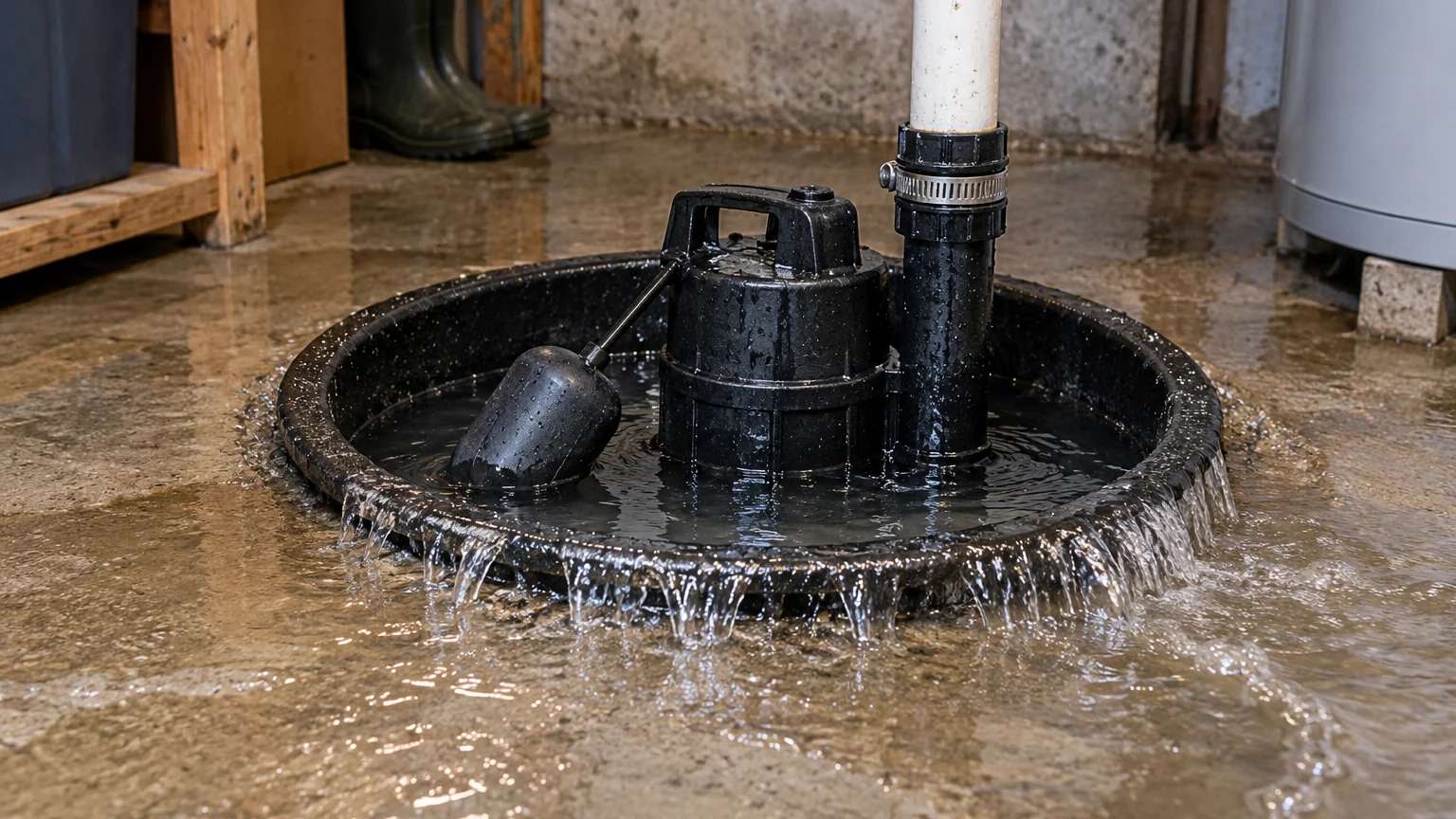Water overflowing a basement sump pit illustrating sump pump repair in Calgary