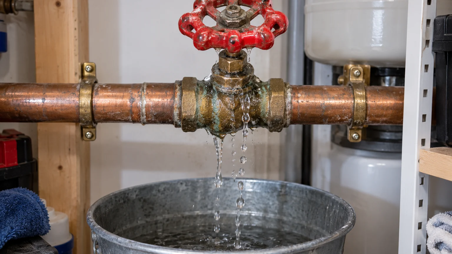A wheel-operated shutoff valve leaking at its stem illustrating emergency shutoff valve repair in Calgary