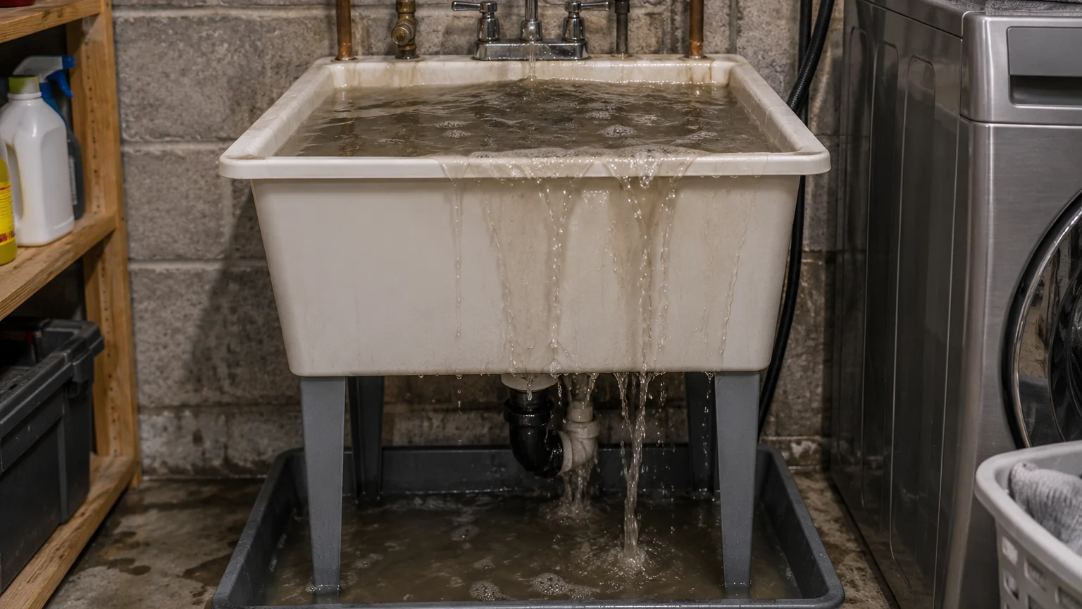 Wastewater backing up into a basement utility sink illustrating sewer backup repair in Calgary