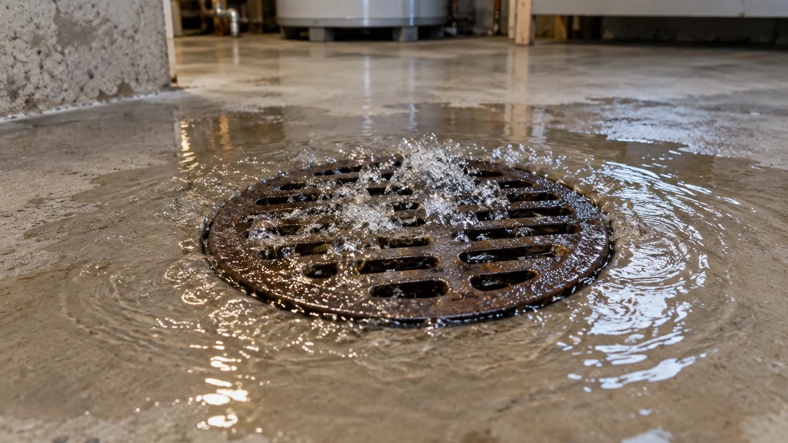 Dirty water bubbling through a round basement floor drain illustrating floor drain backup repair in Calgary
