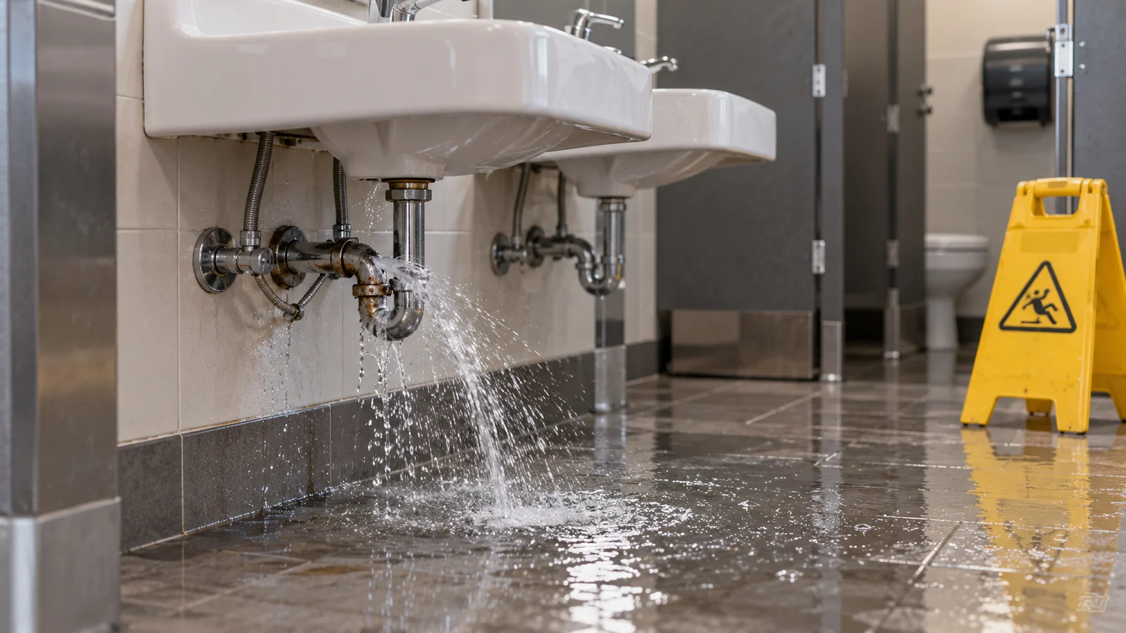 Water escaping from plumbing beneath a commercial restroom sink illustrating commercial emergency plumbing in Calgary