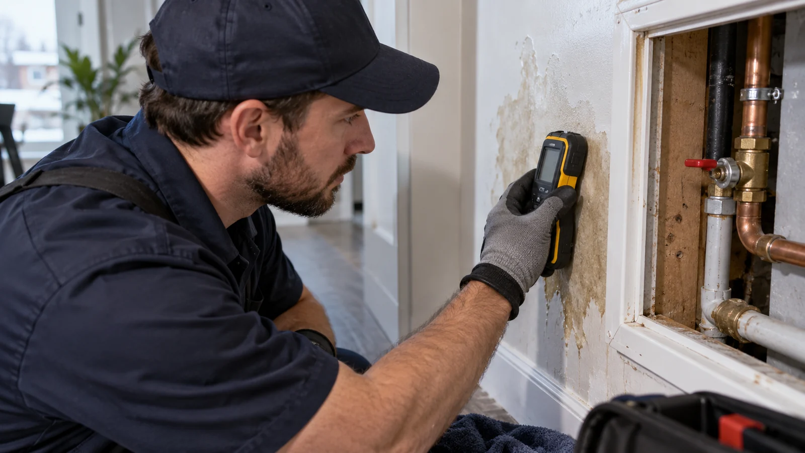 A plumber checking a damp wall with a moisture sensor illustrating plumbing leak detection in Calgary