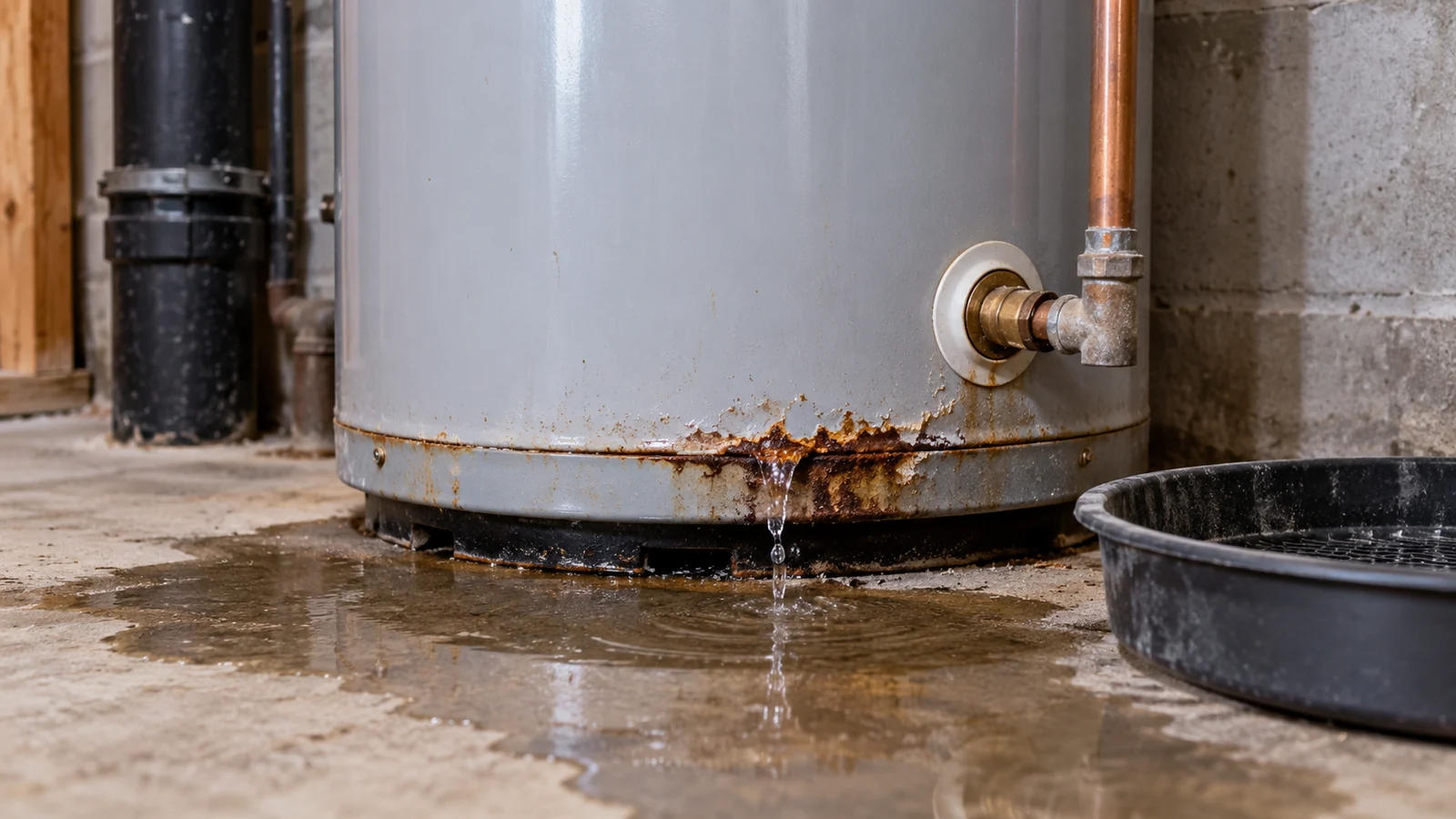 A water heater tank leaking at its base illustrating hot water tank leak repair in Calgary