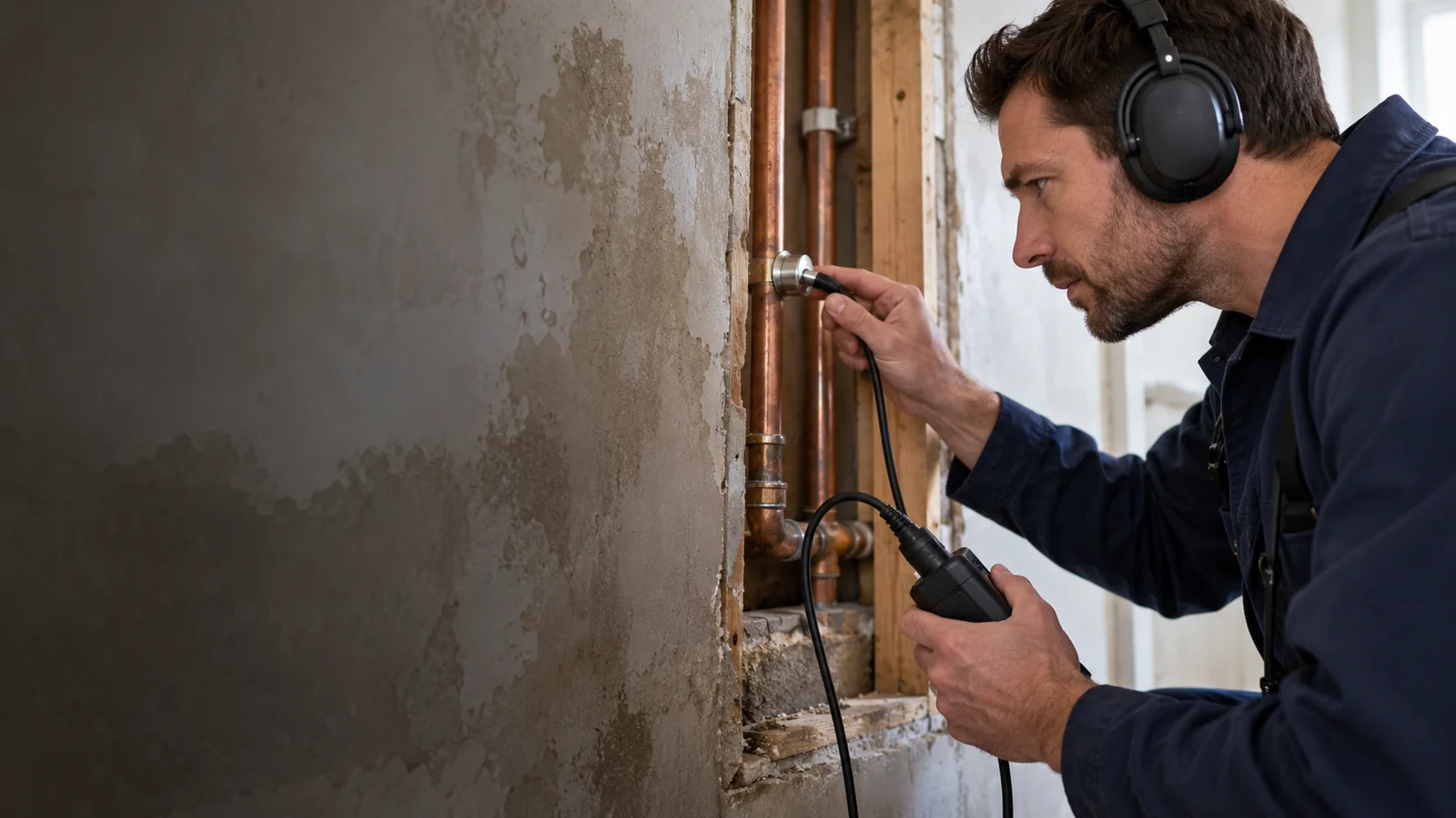 A plumber using a listening probe on a water pipe for Calgary emergency leak detection
