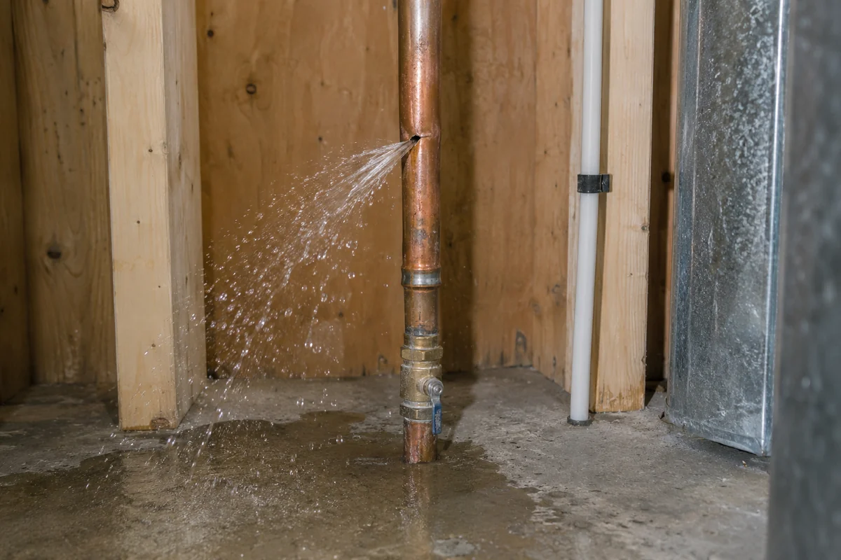 Burst copper water pipe spraying water in a Calgary utility closet