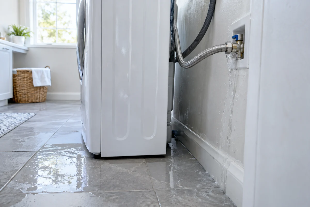 Leaking washing machine water connection wetting a Calgary laundry room floor
