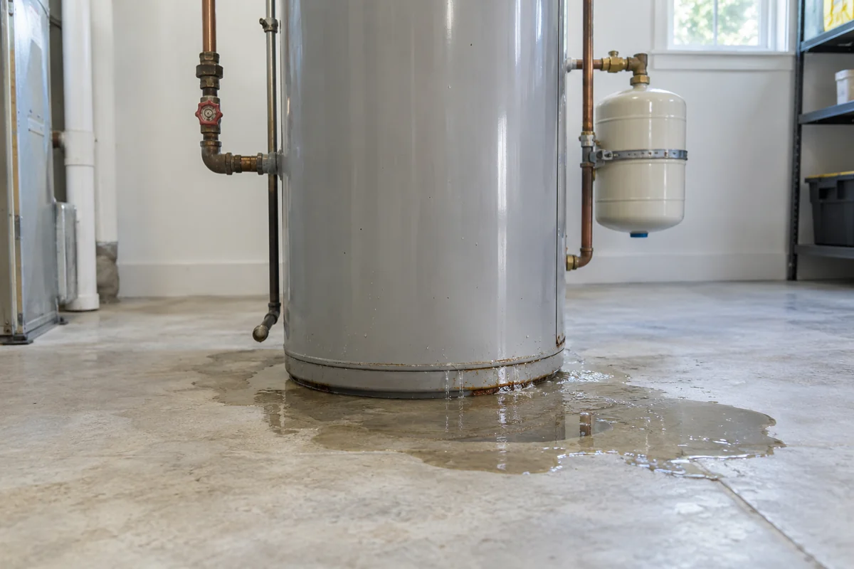 Water leaking from a water heater base onto a Calgary mechanical room floor
