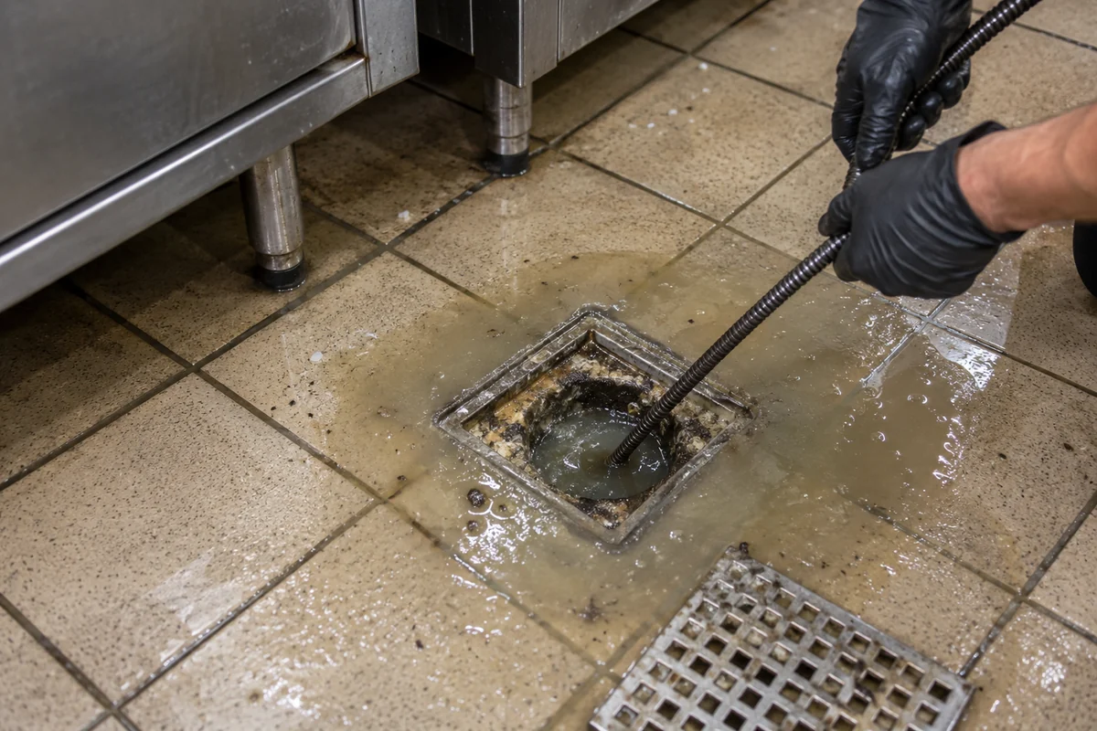 Gloved hands clearing a backed-up floor drain in a Calgary kitchen