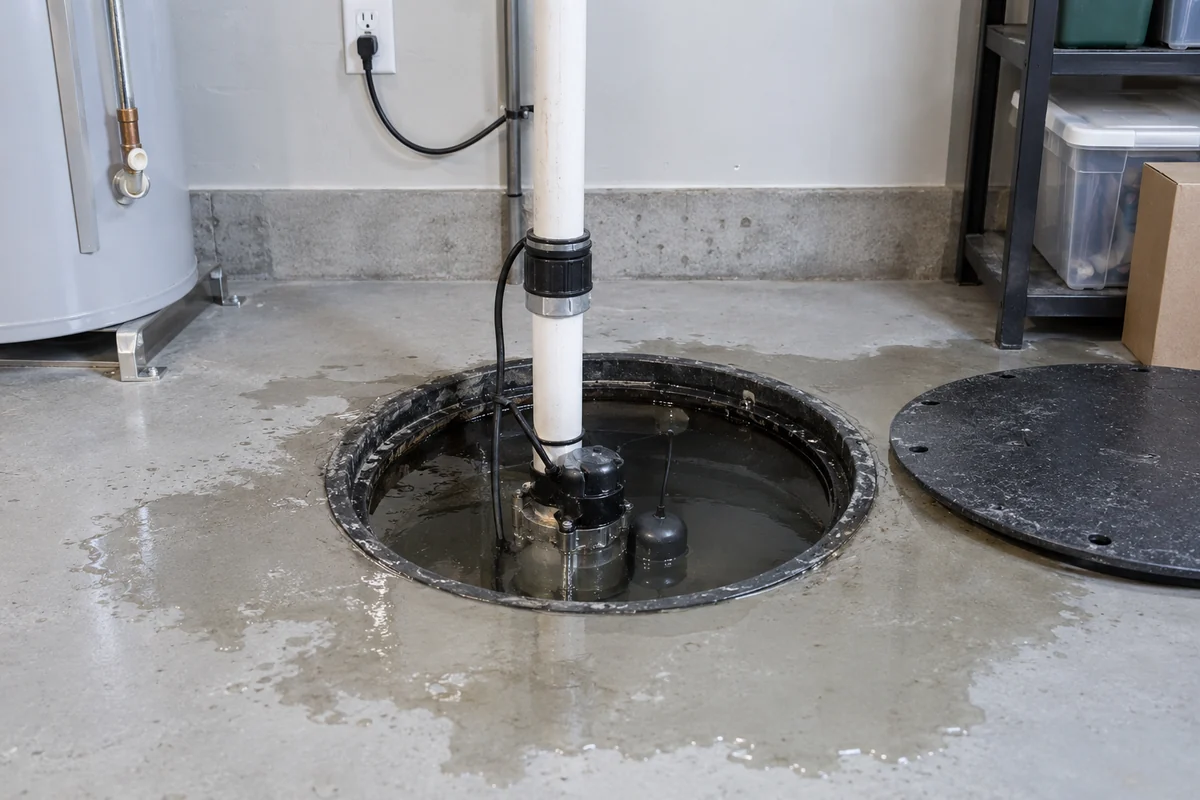 Sump pit with high water and wet basement concrete in Calgary