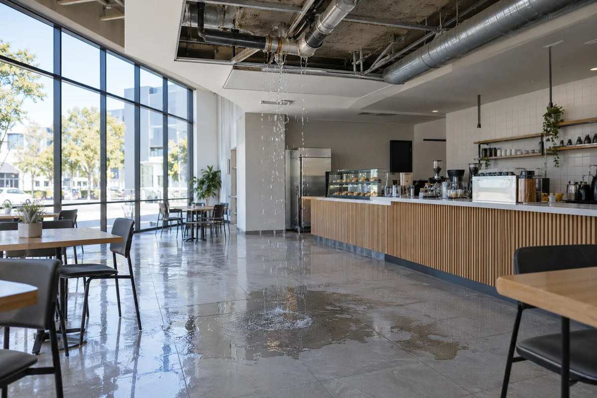 Ceiling plumbing leak pooling water across a vacant Calgary cafe floor