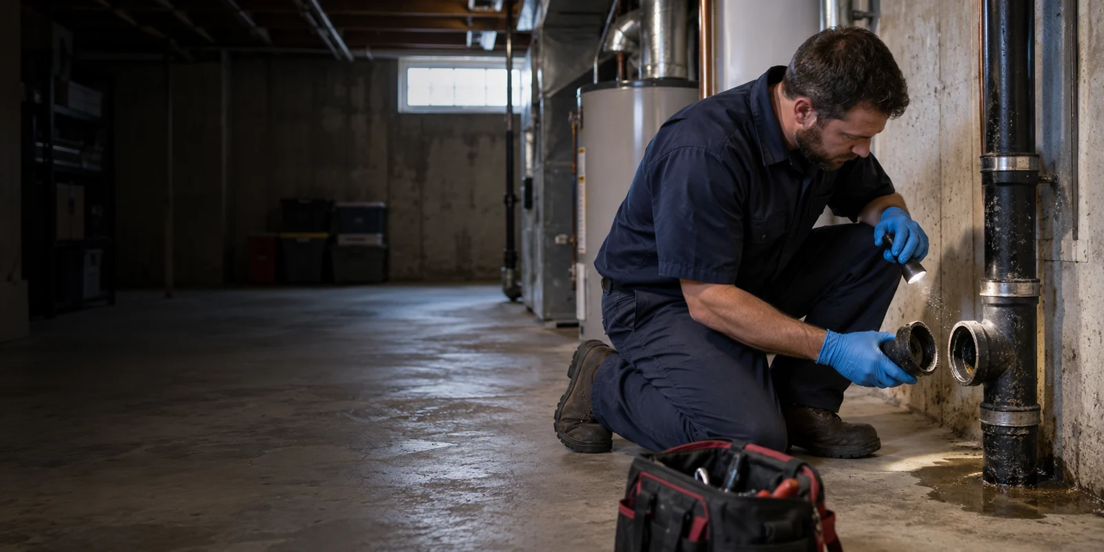 Plumber examining plumbing for sewer backup repair in Calgary