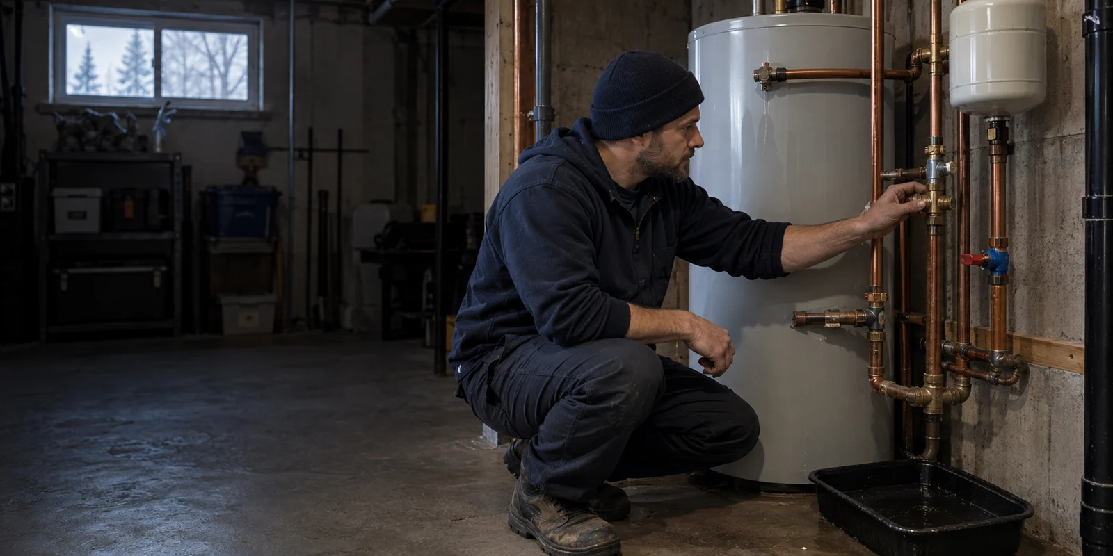 Plumber examining plumbing for emergency water heater repair in Calgary