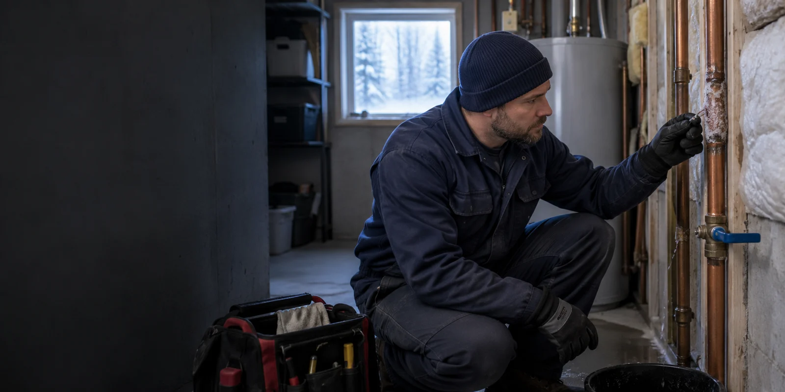 Plumber examining plumbing for frozen pipe repair in Calgary