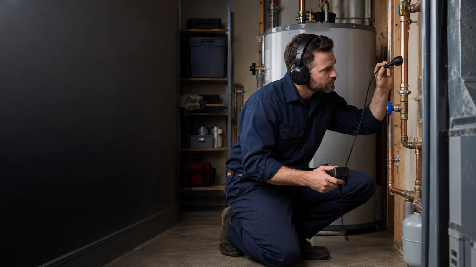 Plumber examining plumbing for emergency leak detection in Calgary