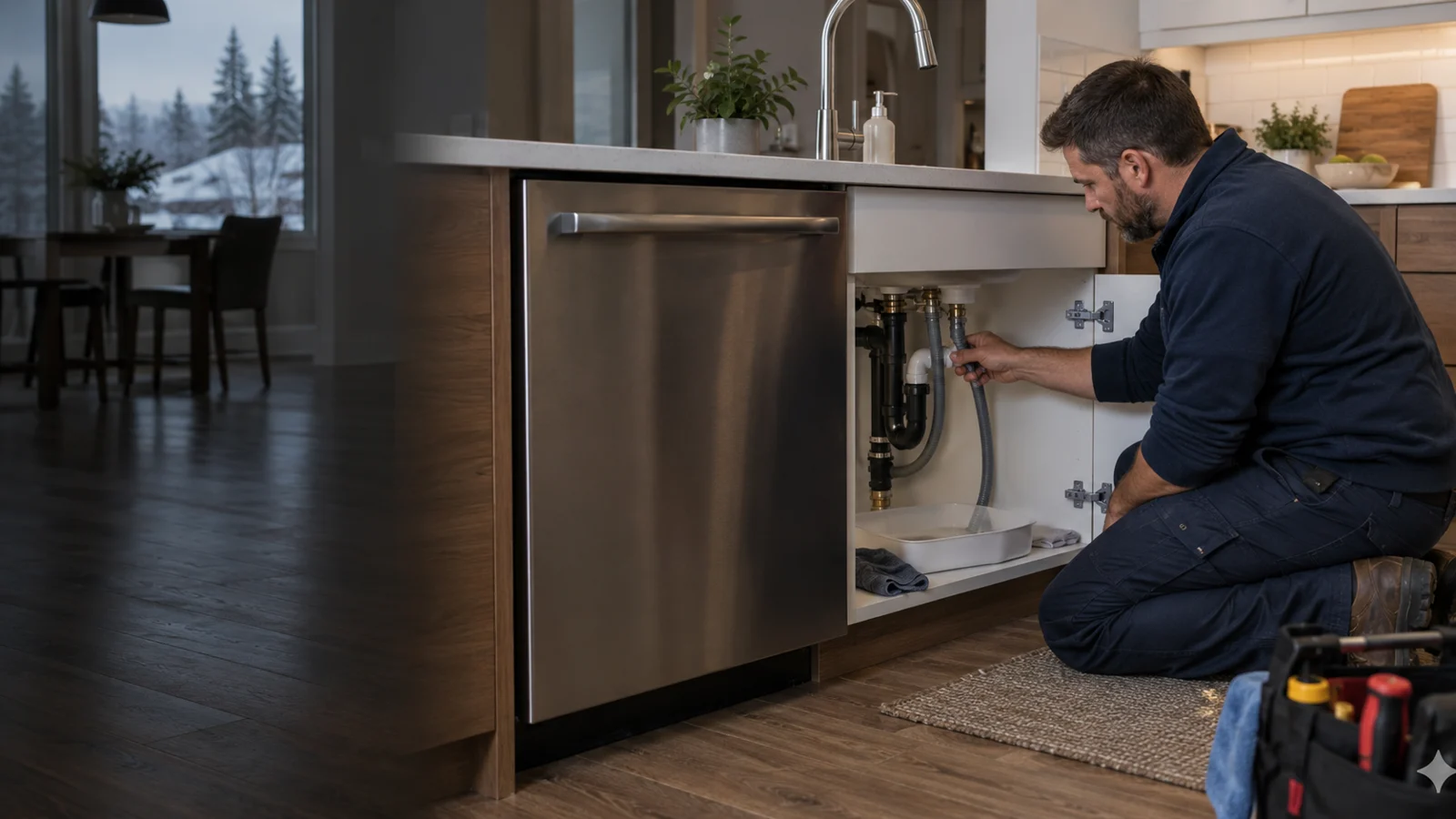 Plumber examining plumbing for dishwasher leak repair in Calgary