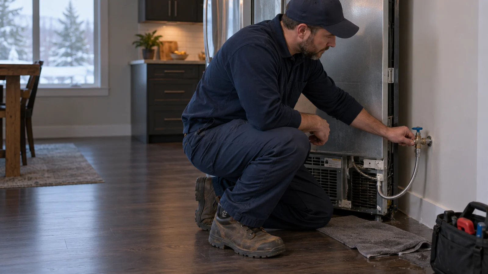 Plumber examining plumbing for refrigerator water line leak repair in Calgary