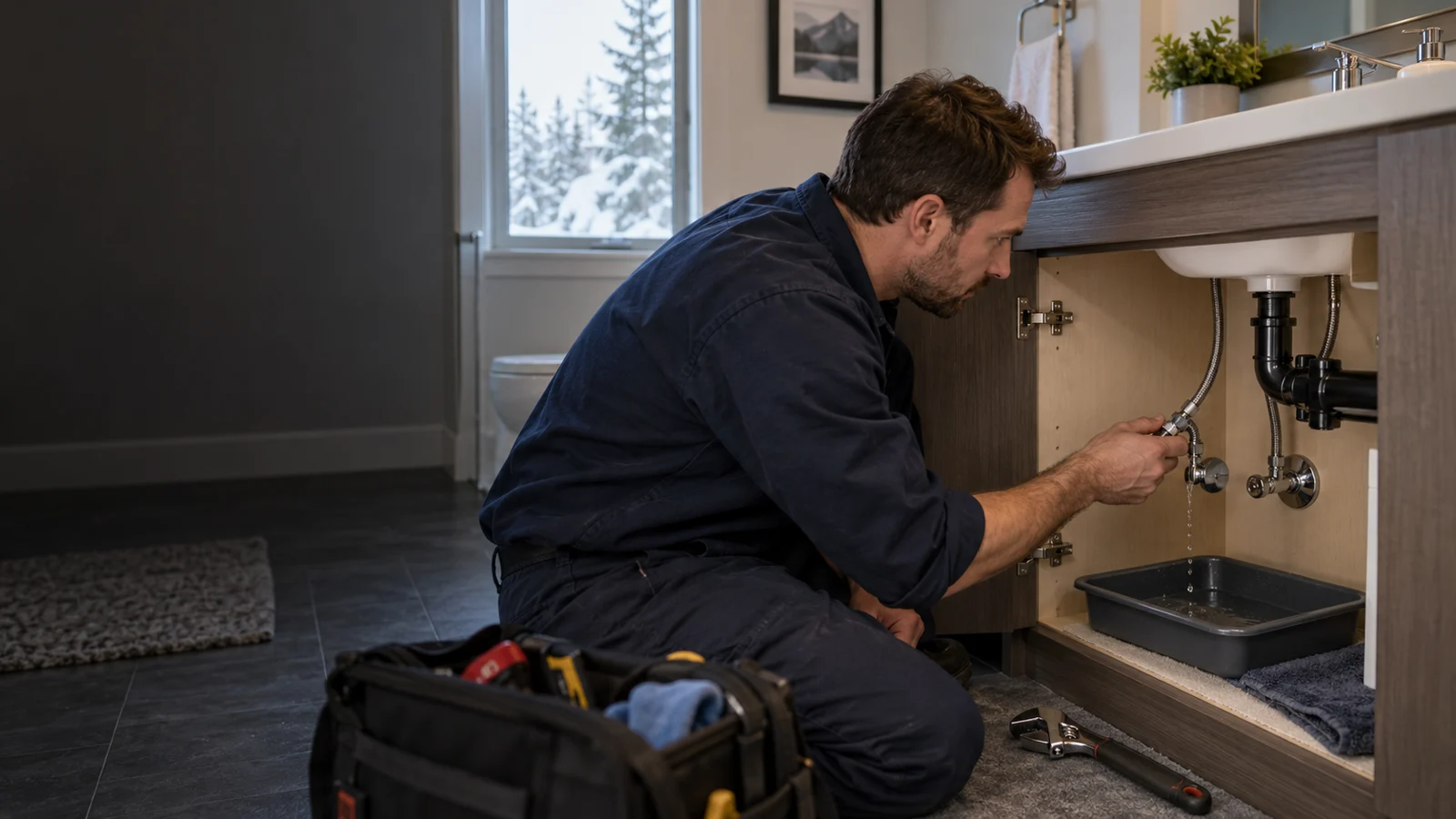 Plumber examining plumbing for supply line leak repair in Calgary