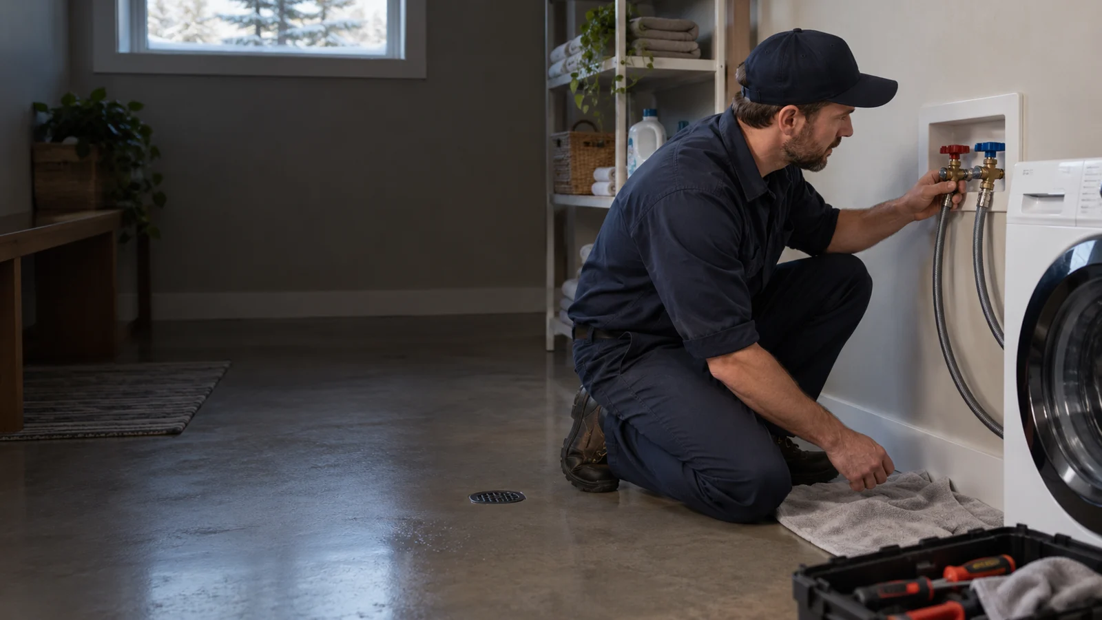Plumber examining plumbing for washing machine leak repair in Calgary