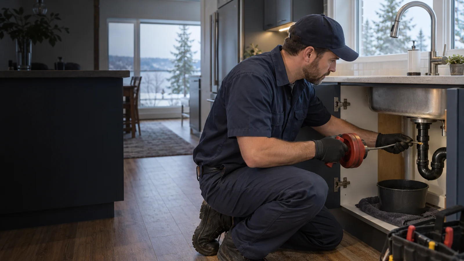 Plumber examining plumbing for emergency drain cleaning in Calgary