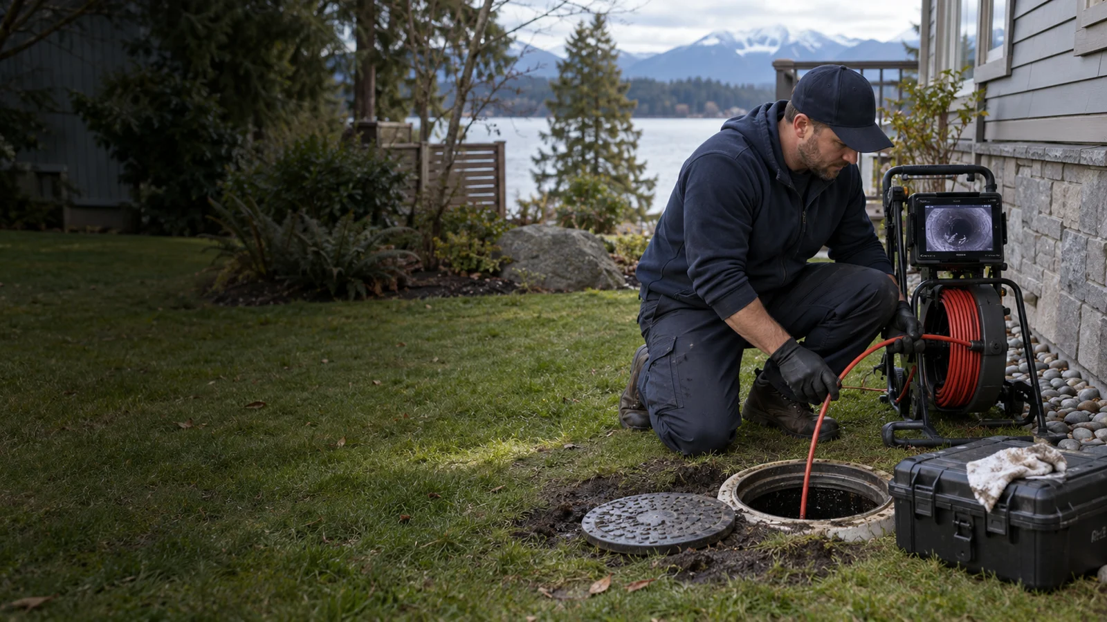 Plumber examining plumbing for emergency sewer line repair in Calgary