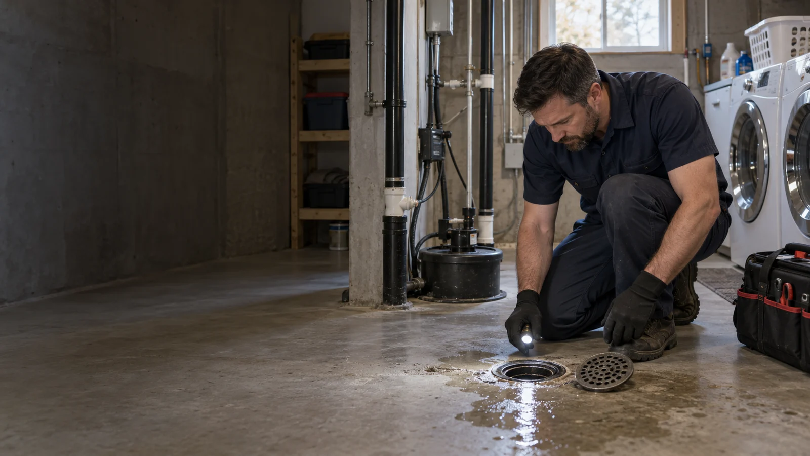 Plumber examining plumbing for floor drain backup repair in Calgary