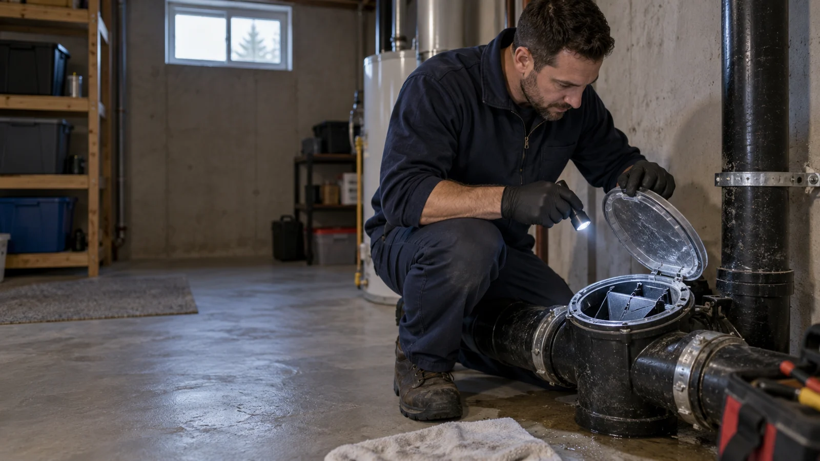 Plumber examining plumbing for backwater valve emergency repair in Calgary