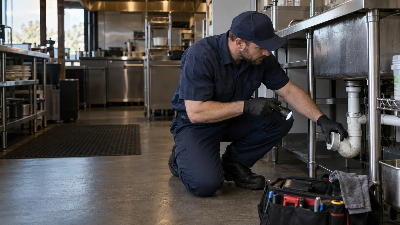 Plumber examining plumbing for commercial drain sewer backup repair in Calgary