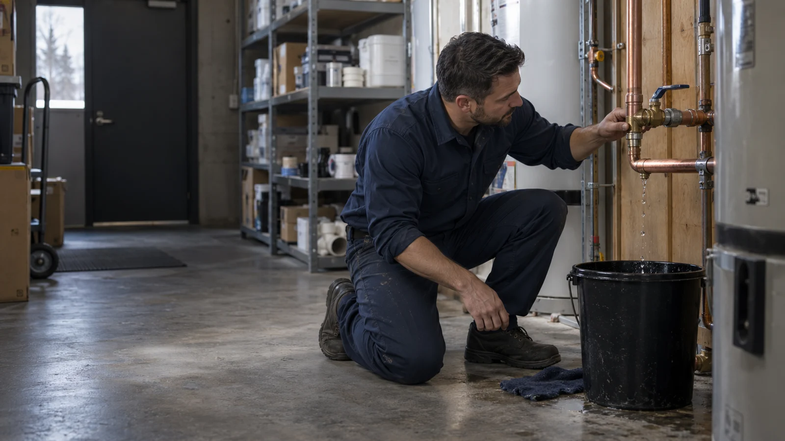 Plumber examining plumbing for commercial water leak repair in Calgary