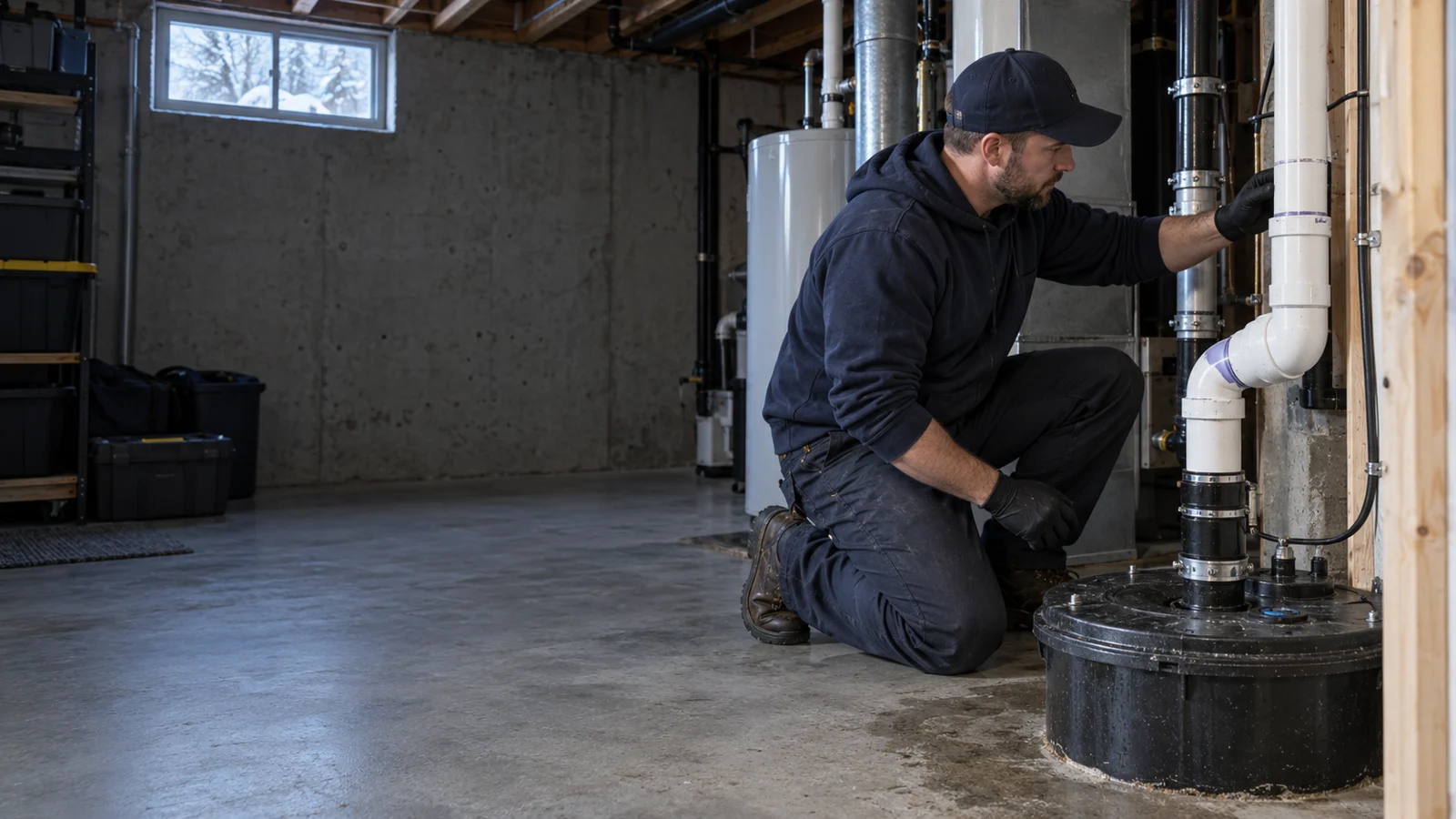 Plumber examining plumbing for sewage ejector pump repair in Calgary