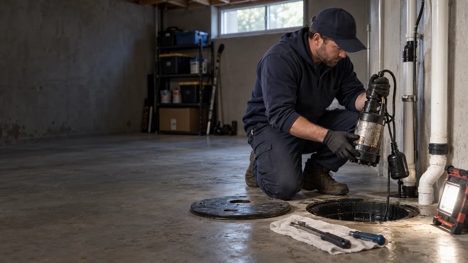 Plumber examining plumbing for sump pump repair in Calgary
