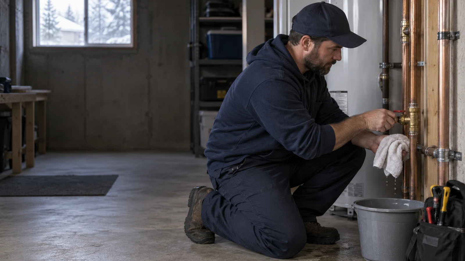 Plumber examining plumbing for emergency shutoff valve repair in Calgary