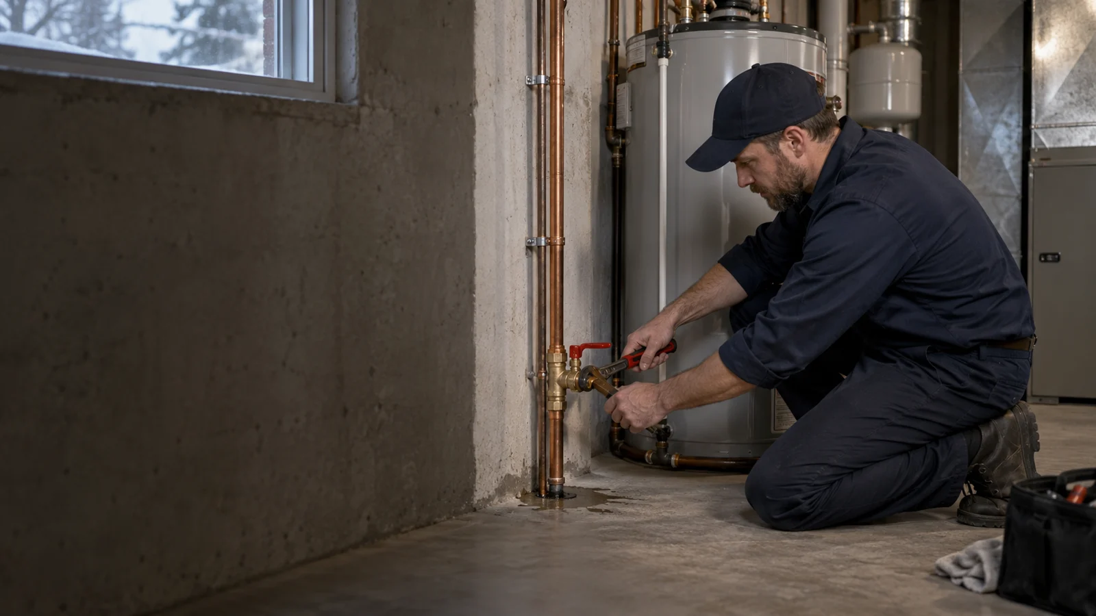 Plumber examining plumbing for emergency water line repair in Calgary